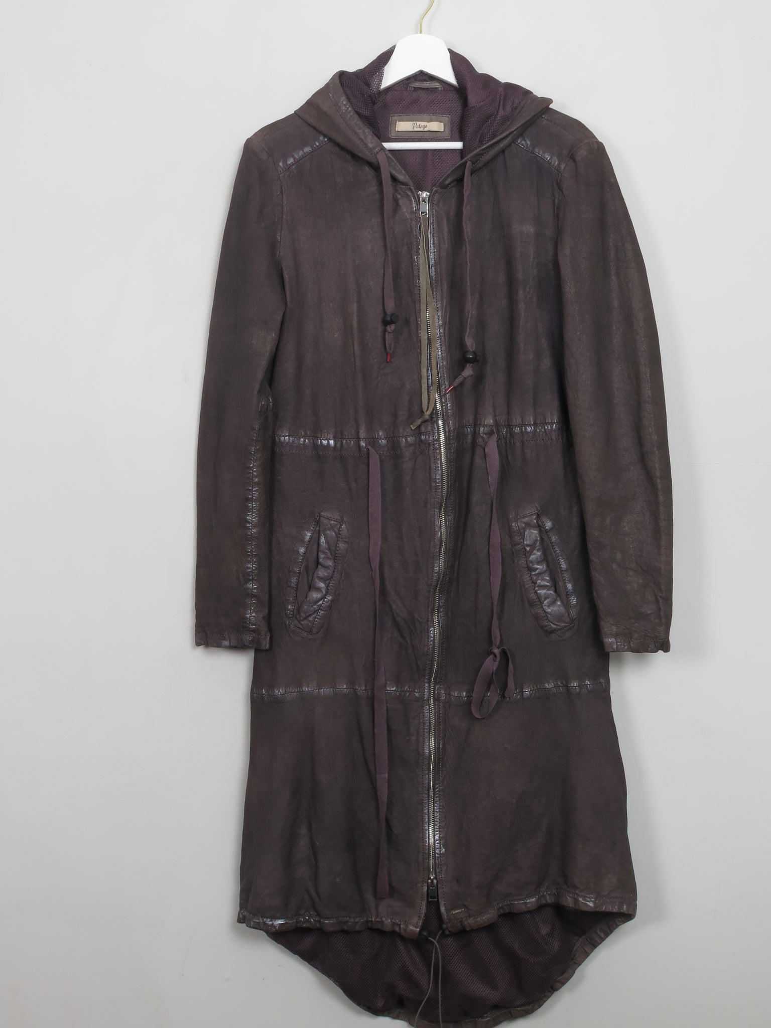 Women's Charcoal Black Leather Hooded Parka Coat S/M