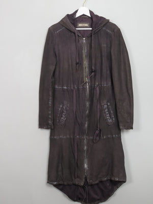 Women's Charcoal Black Leather Hooded Parka Coat S/M