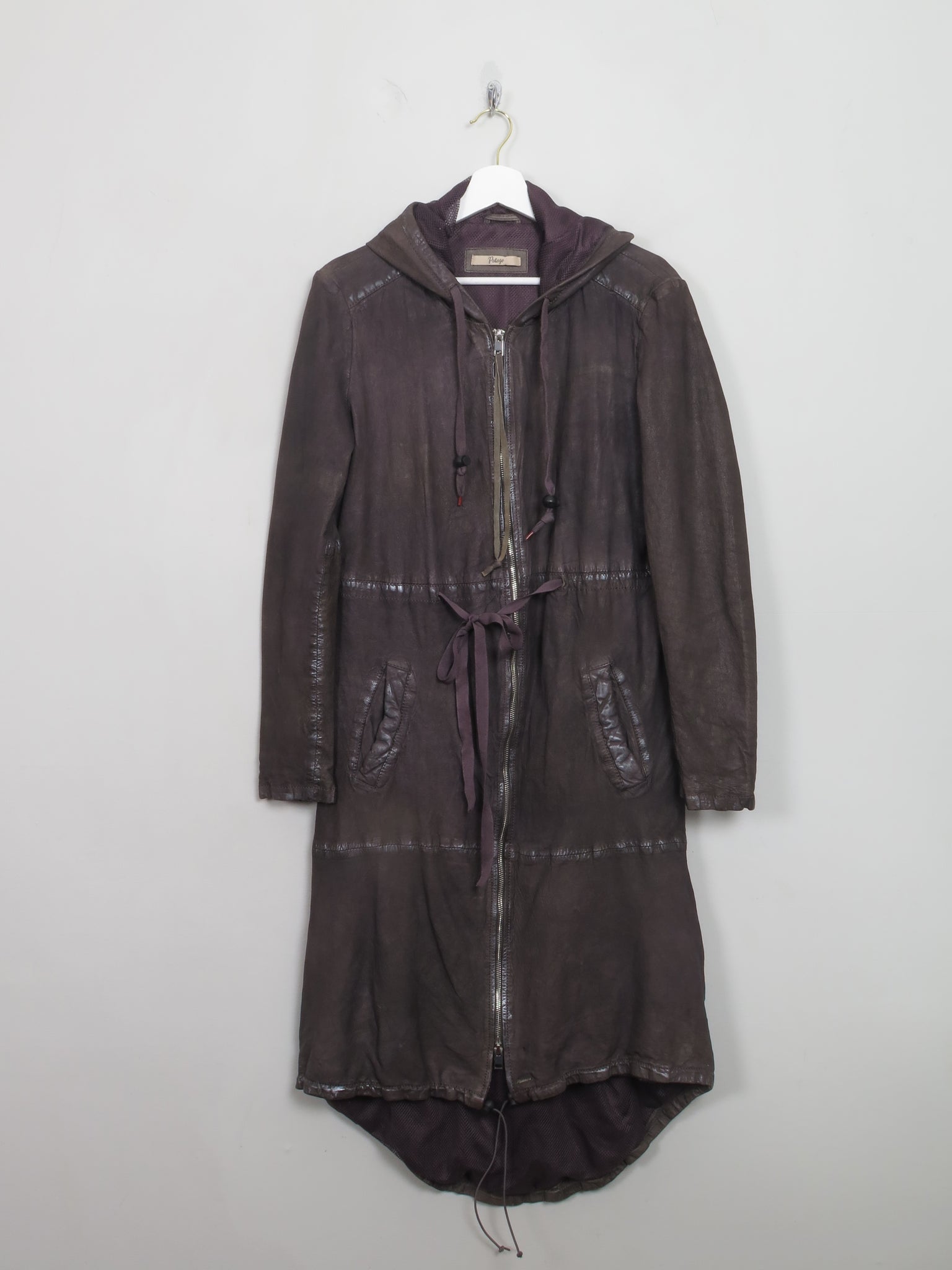 Women's Charcoal Black Leather Hooded Parka Coat S/M