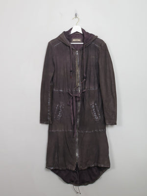 Women's Charcoal Black Leather Hooded Parka Coat S/M