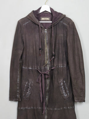 Women's Charcoal Black Leather Hooded Parka Coat S/M
