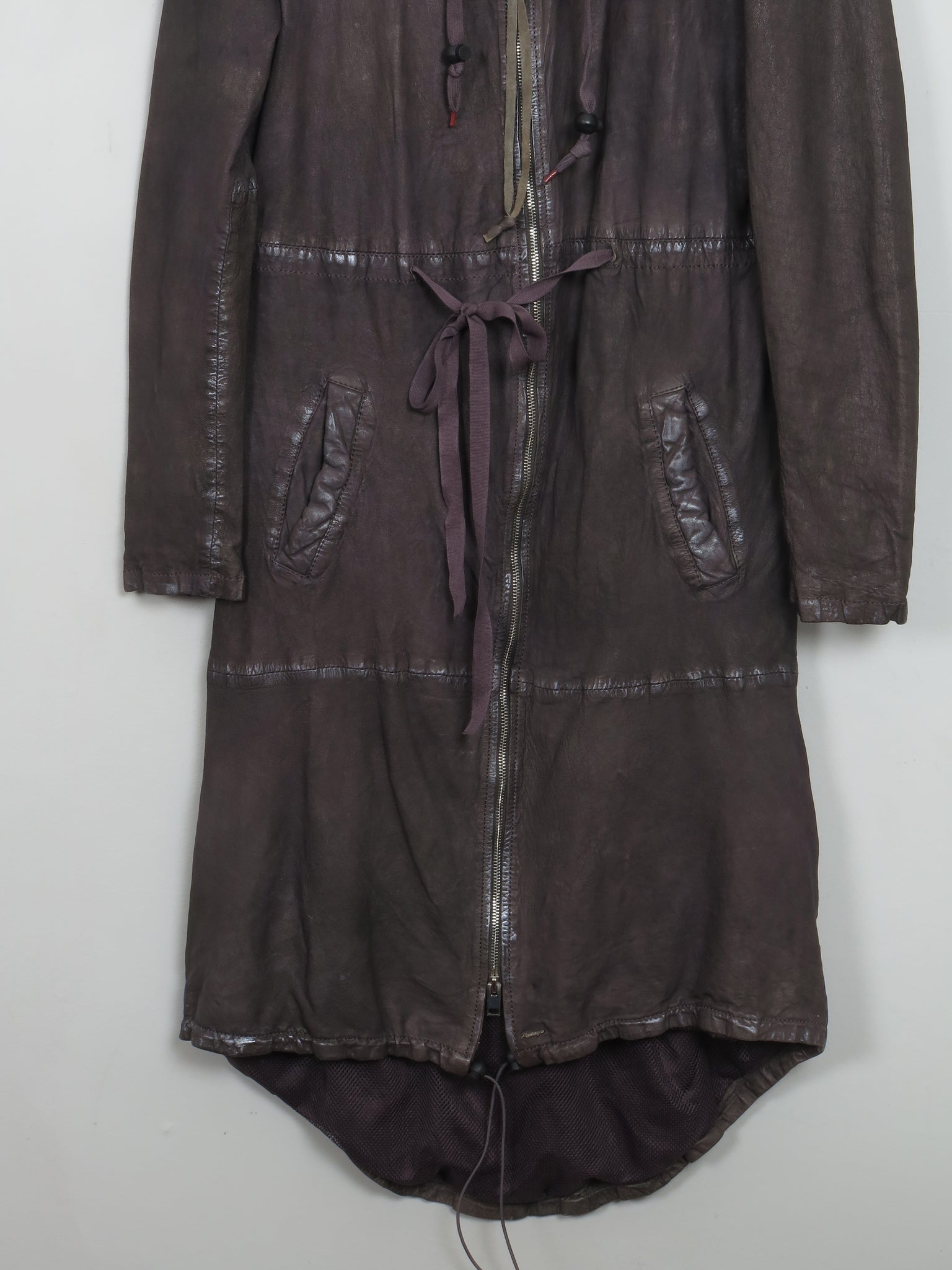 Women's Charcoal Black Leather Hooded Parka Coat S/M