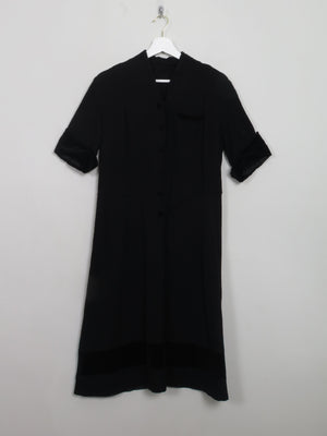 Vintage Black 1940s/50s Wool Dress With Velvet Trims S