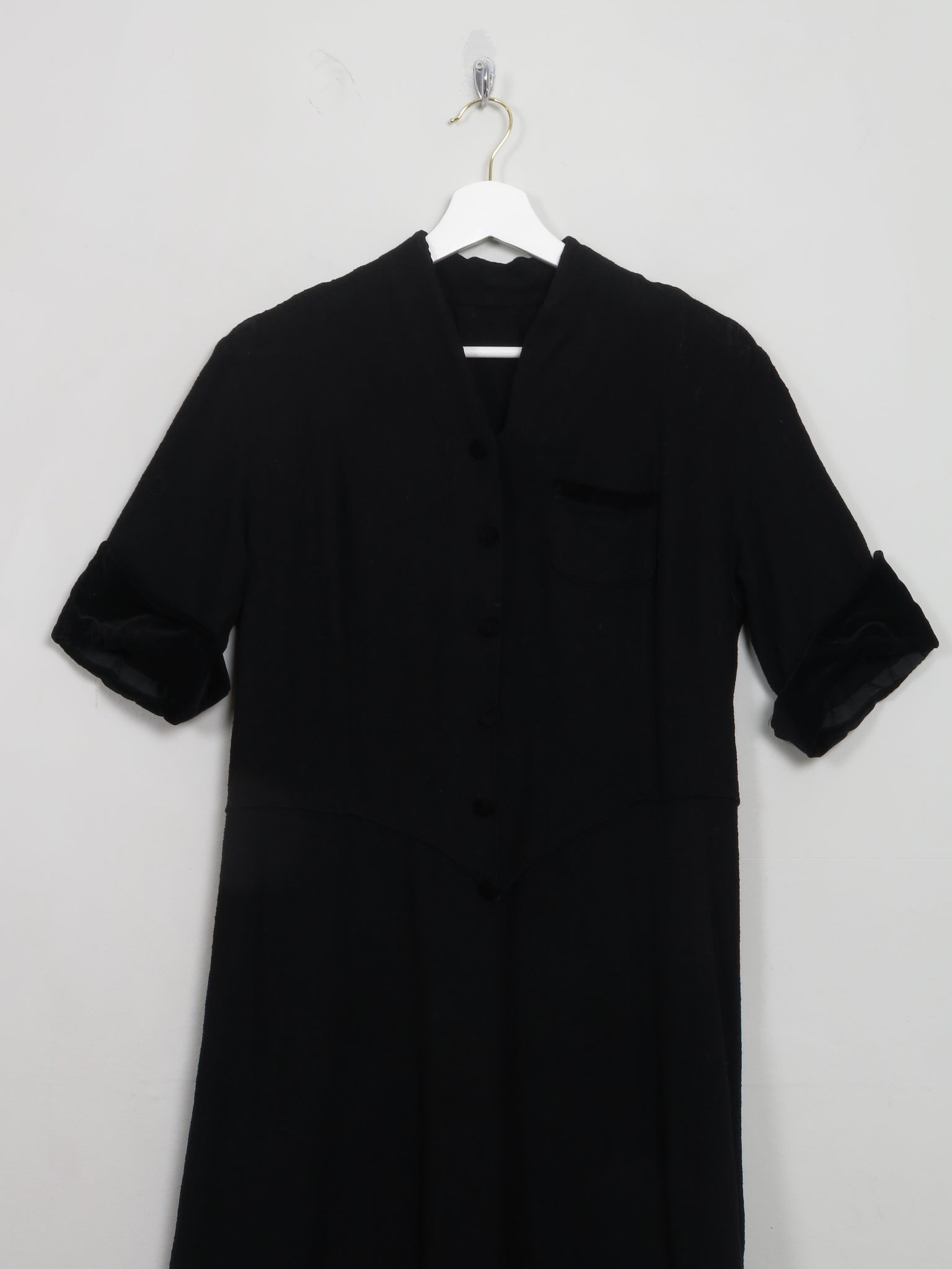 Vintage Black 1940s/50s Wool Dress With Velvet Trims S