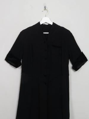 Vintage Black 1940s/50s Wool Dress With Velvet Trims S