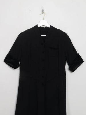 Vintage Black 1940s/50s Wool Dress With Velvet Trims S
