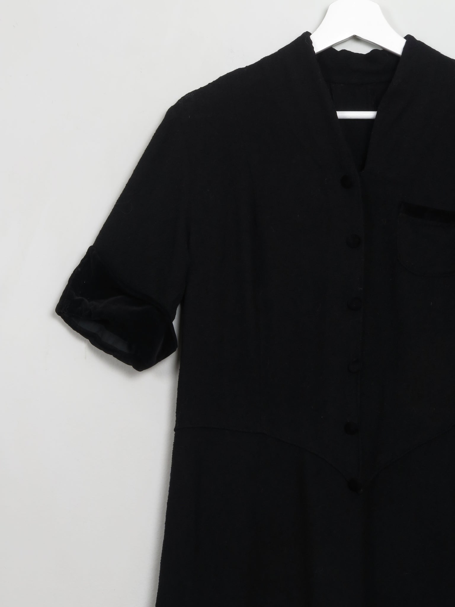 Vintage Black 1940s/50s Wool Dress With Velvet Trims S
