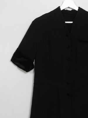 Vintage Black 1940s/50s Wool Dress With Velvet Trims S