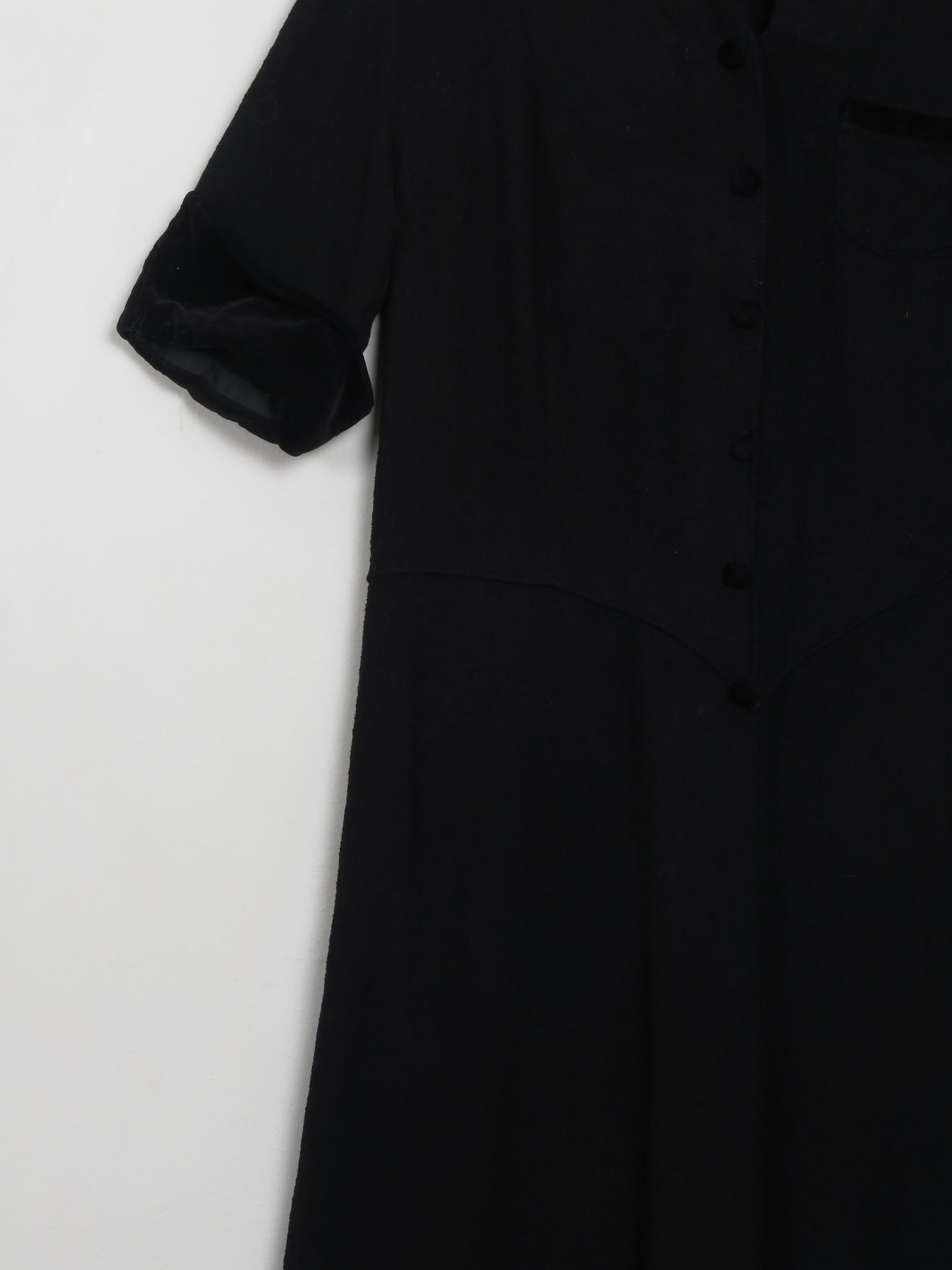 Vintage Black 1940s/50s Wool Dress With Velvet Trims S