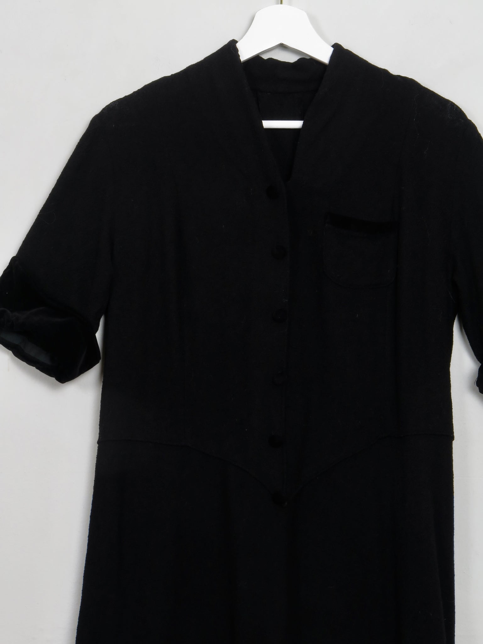 Vintage Black 1940s/50s Wool Dress With Velvet Trims S