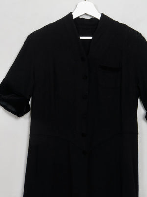 Vintage Black 1940s/50s Wool Dress With Velvet Trims S