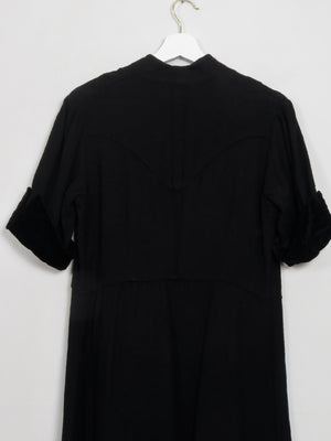 Vintage Black 1940s/50s Wool Dress With Velvet Trims S