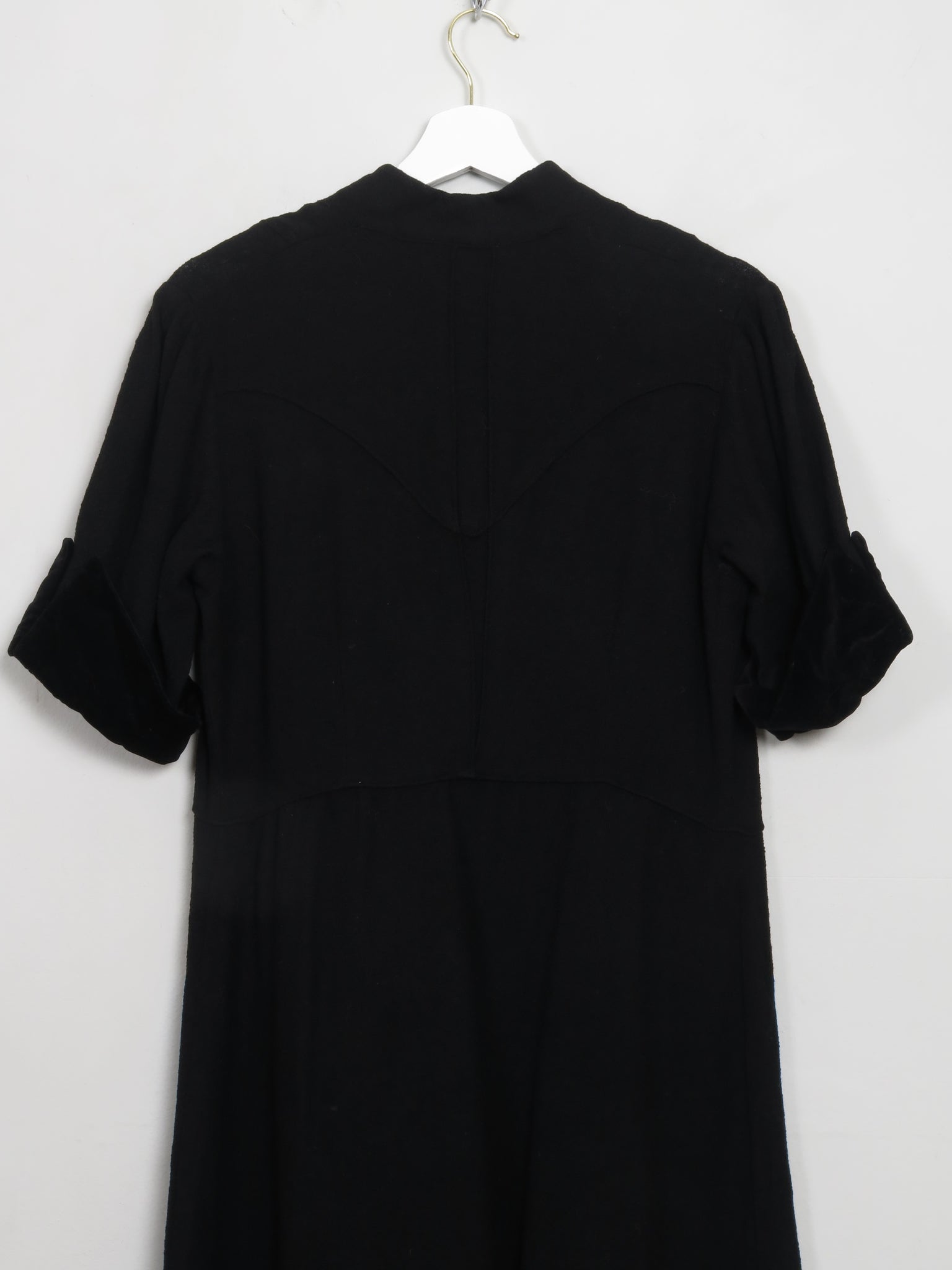 Vintage Black 1940s/50s Wool Dress With Velvet Trims S