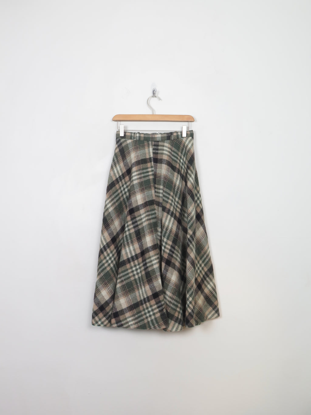 Vintage Green Check Flared Tweed Skirt 25" W XS