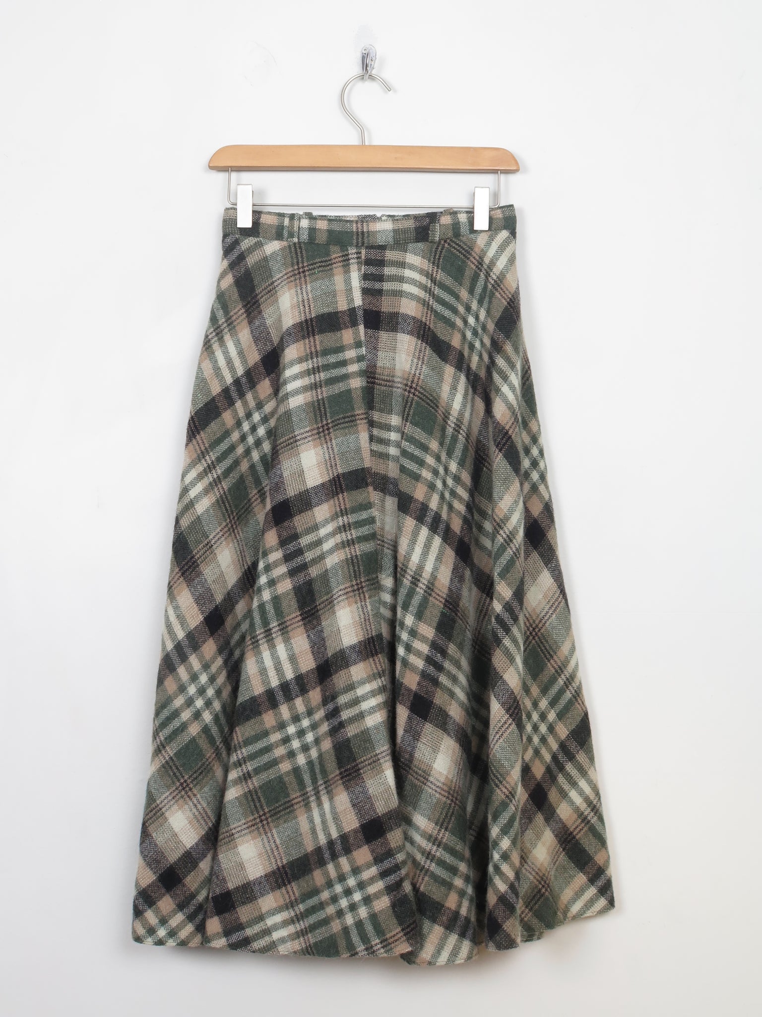 Vintage Green Check Flared Tweed Skirt 25" W XS