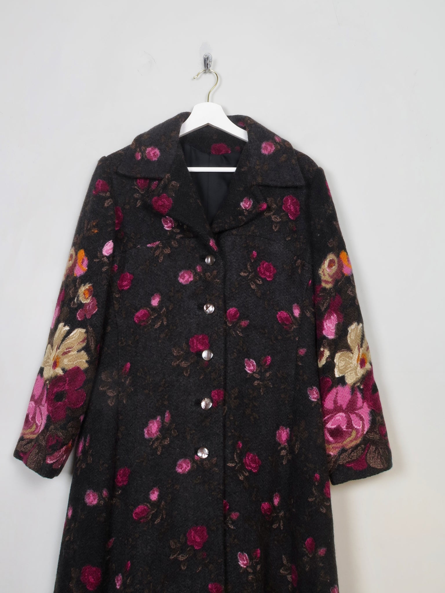 Women's Vintage Long Tweed Coat With Floral Prints M