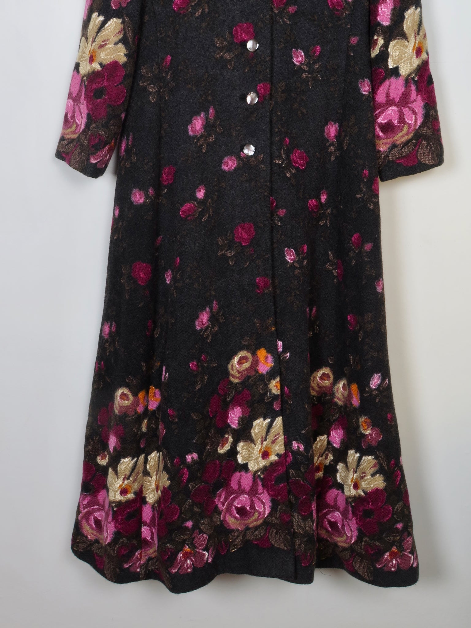 Women's Vintage Long Tweed Coat With Floral Prints M