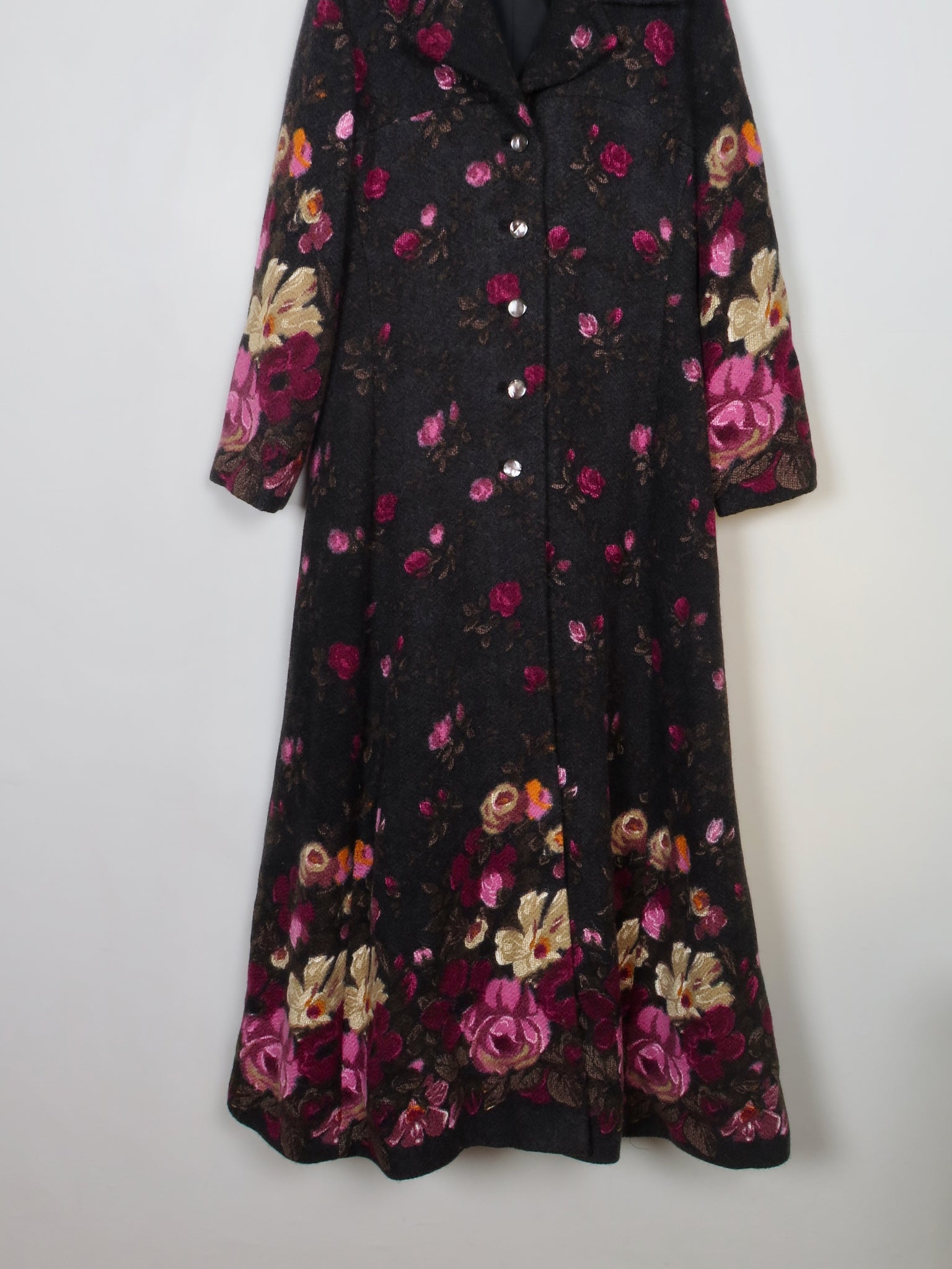 Women's Vintage Long Tweed Coat With Floral Prints M