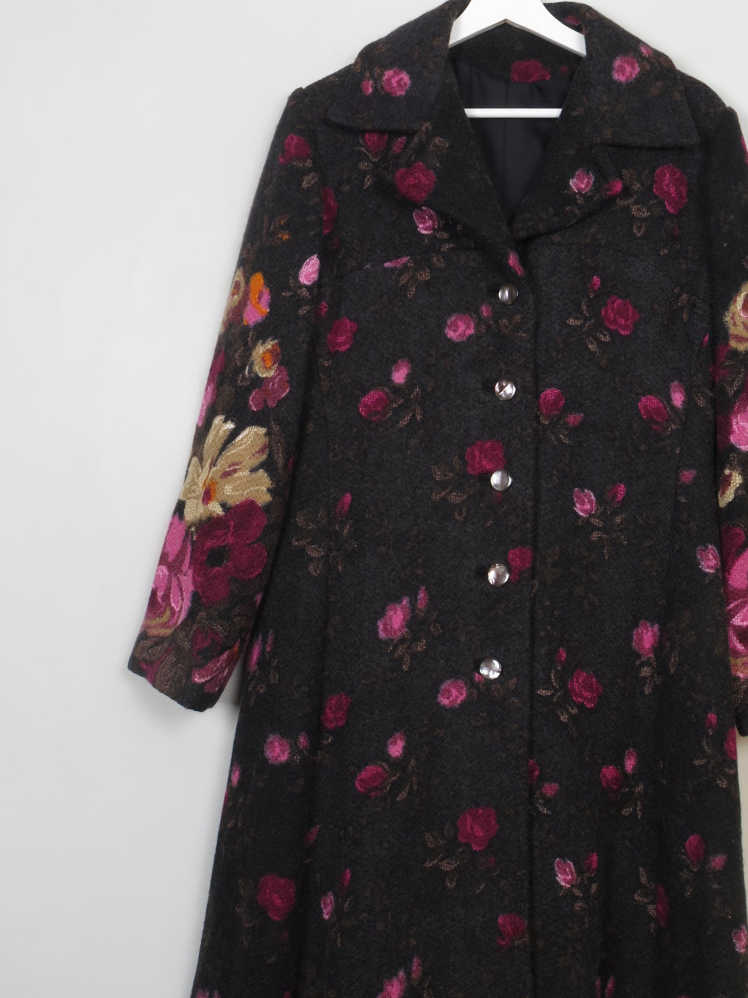 Women's Vintage Long Tweed Coat With Floral Prints M
