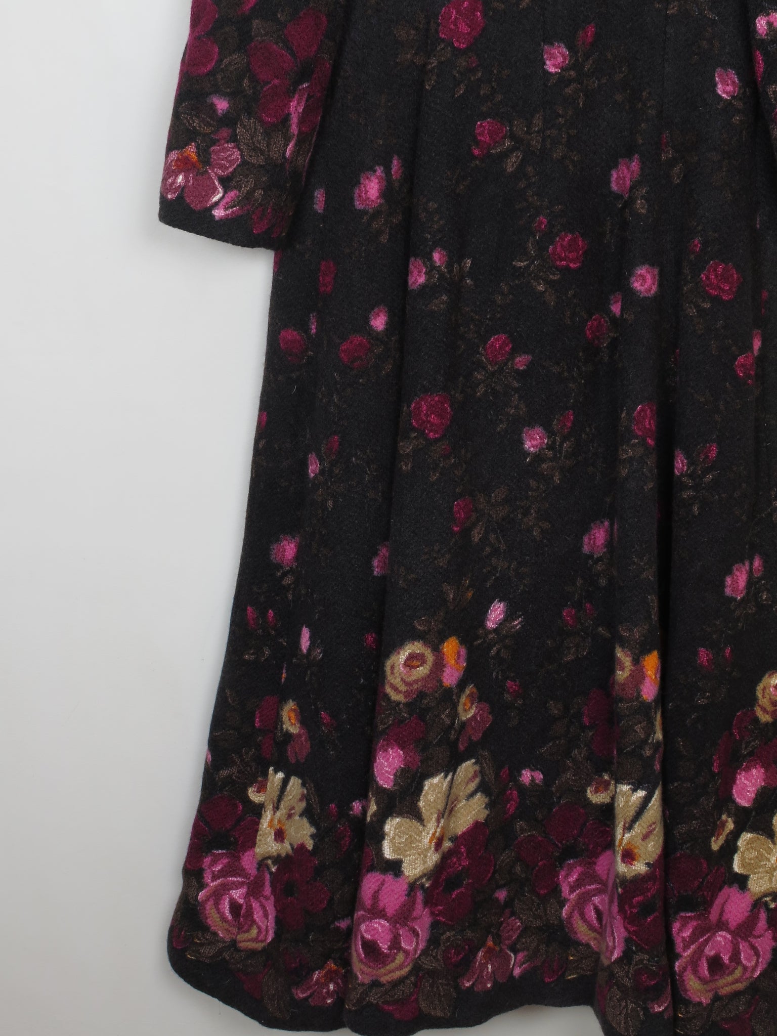 Women's Vintage Long Tweed Coat With Floral Prints M