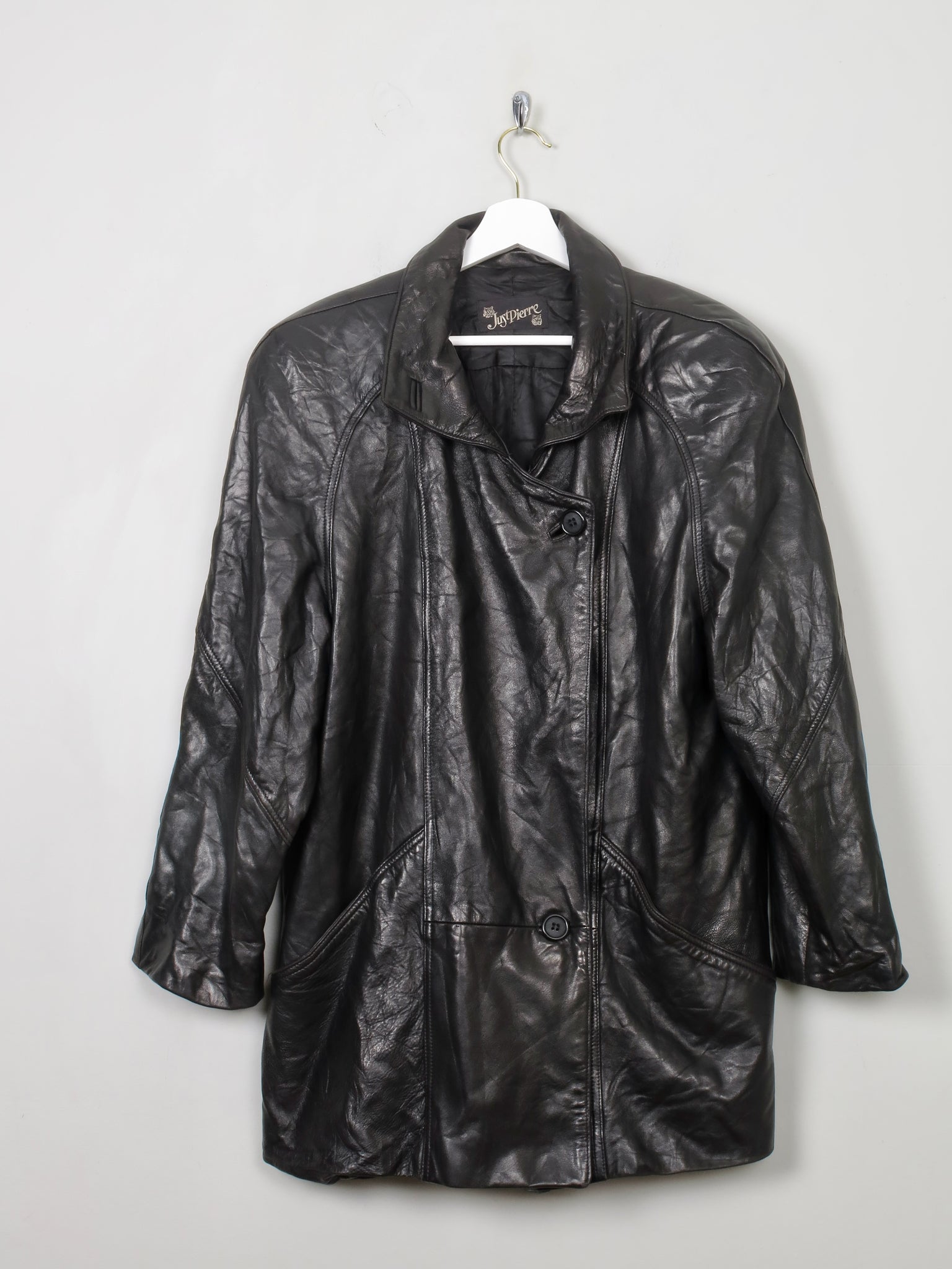 Women's Vintage Black Leather Long Jacket M/L - The Harlequin