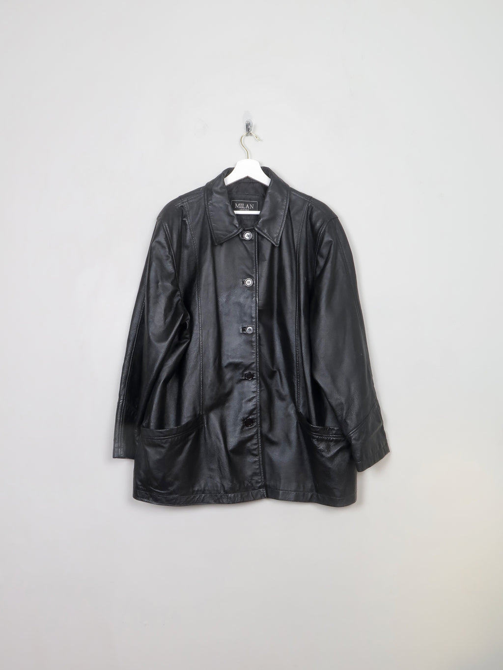 Women's Vintage Black Leather Long Jacket L/XL