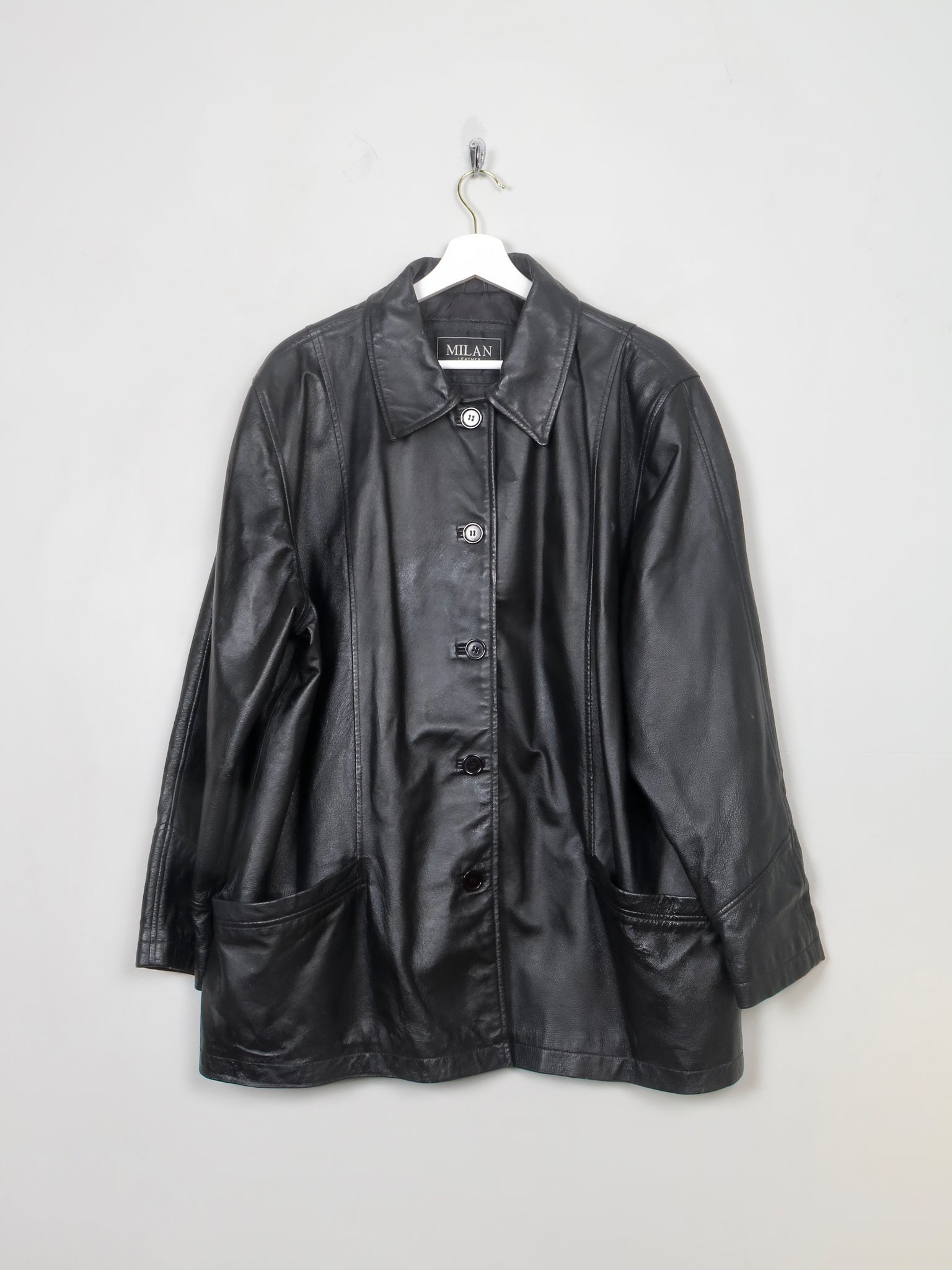 Women's Vintage Black Leather Long Jacket L/XL