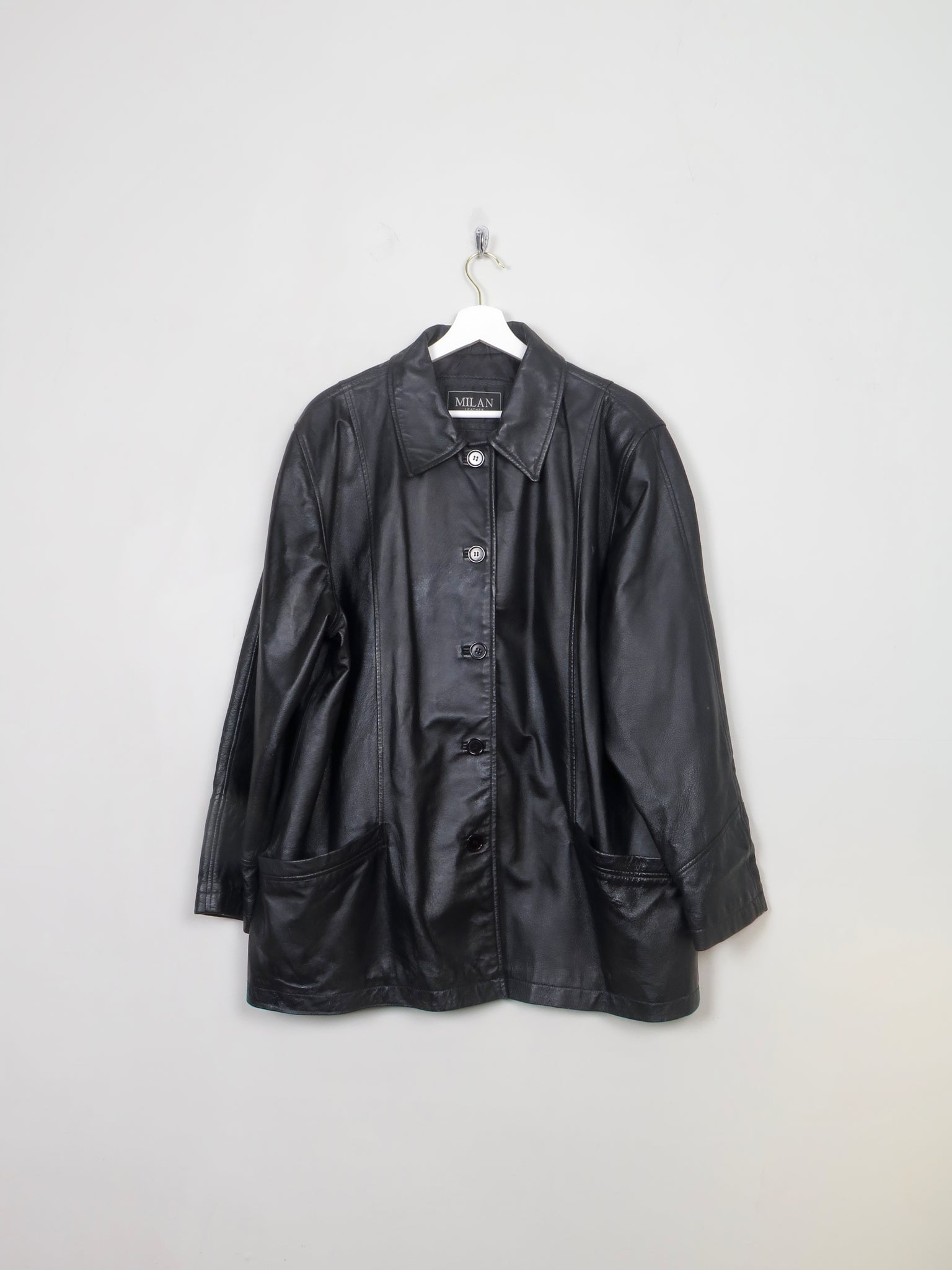 Women's Vintage Black Leather Long Jacket L/XL