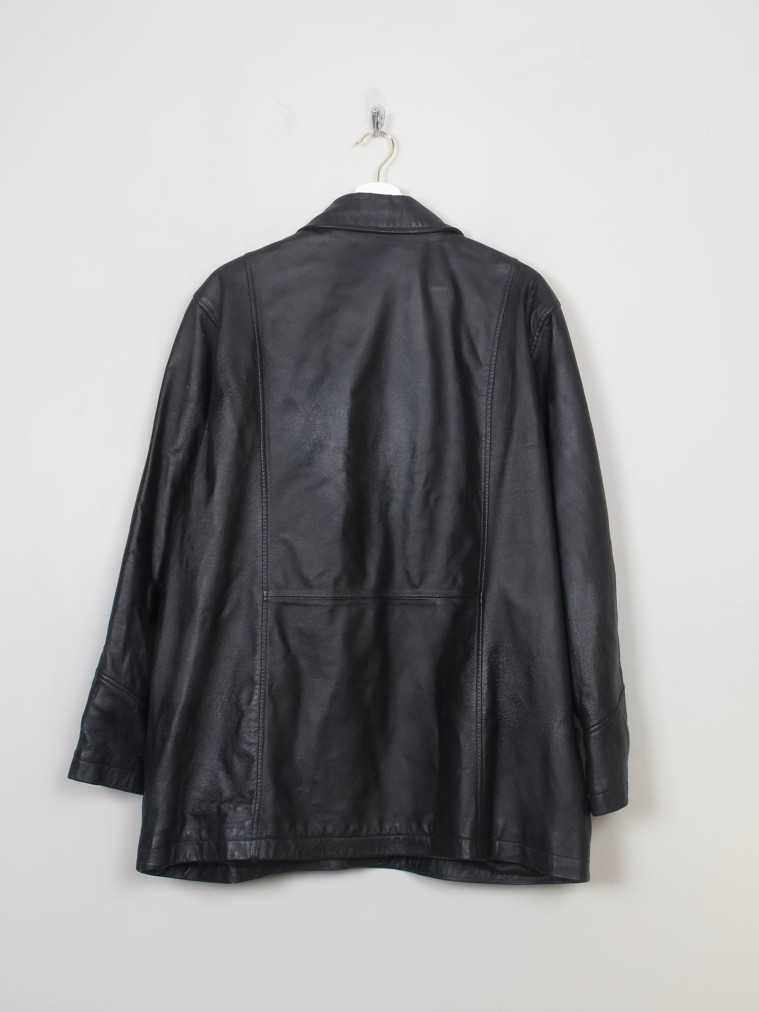 Women's Vintage Black Leather Long Jacket L/XL