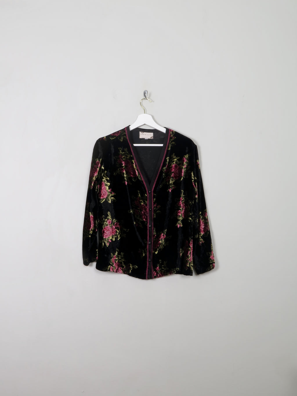 Women's Velvet Cardigan Vintage Style Black With Floral Print S - The Harlequin