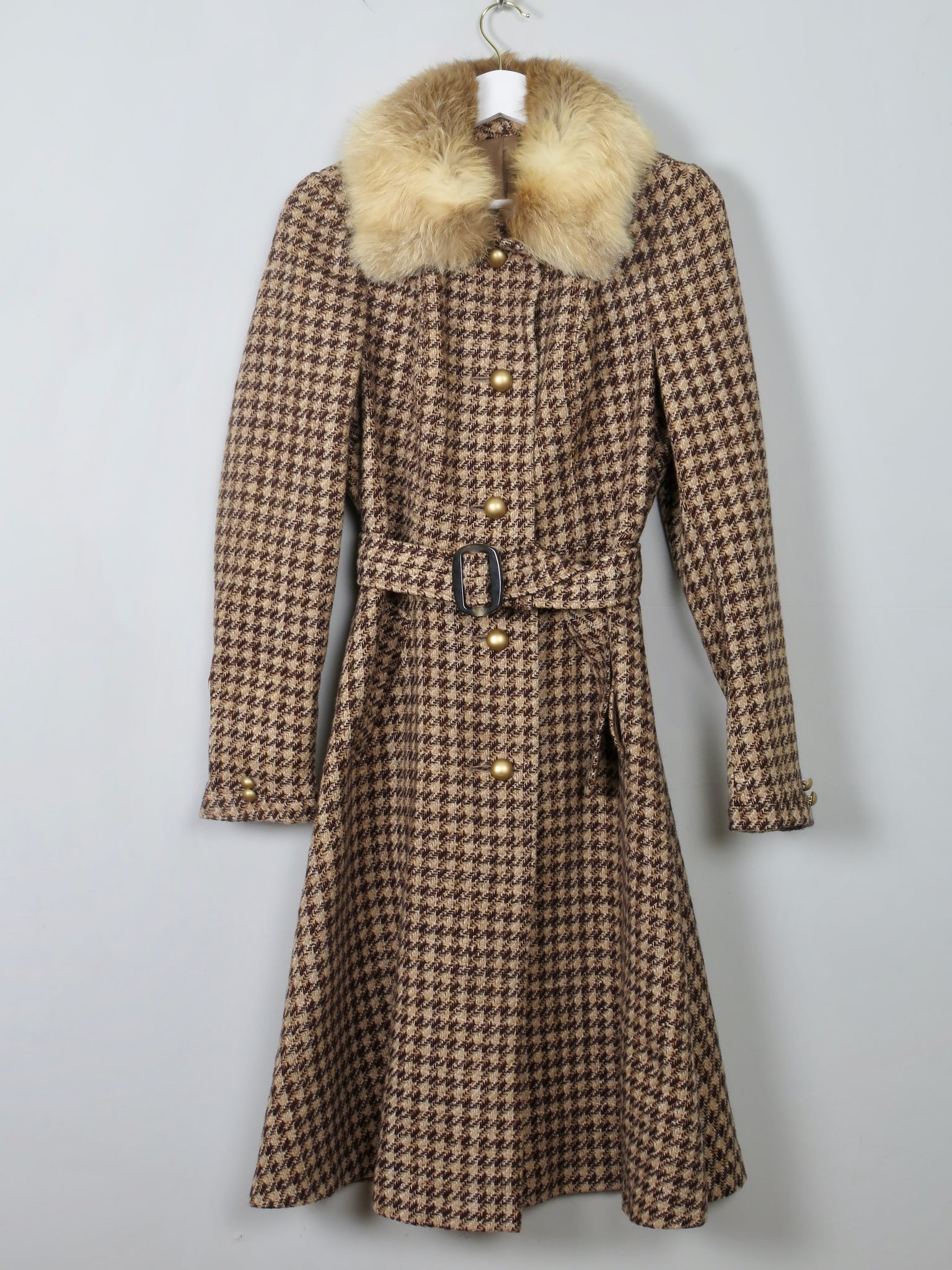 Women's Vintage 70s Tweed Coat with Fur Trim S - The Harlequin