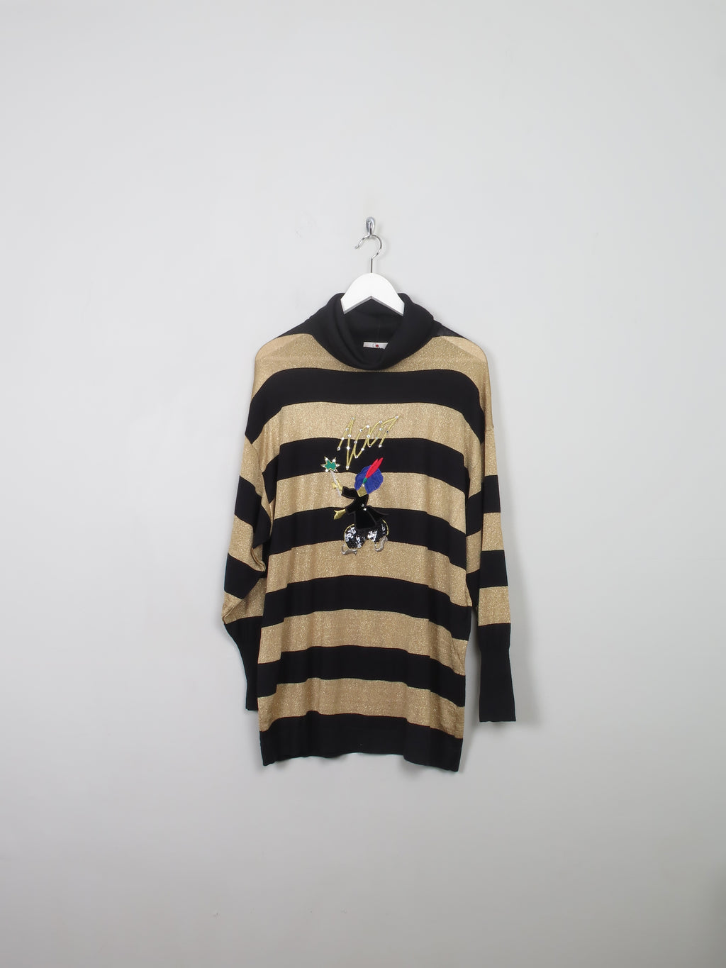 Women's Vintage Gold Striped Oversized Polo Neck Jumper M/L/XL