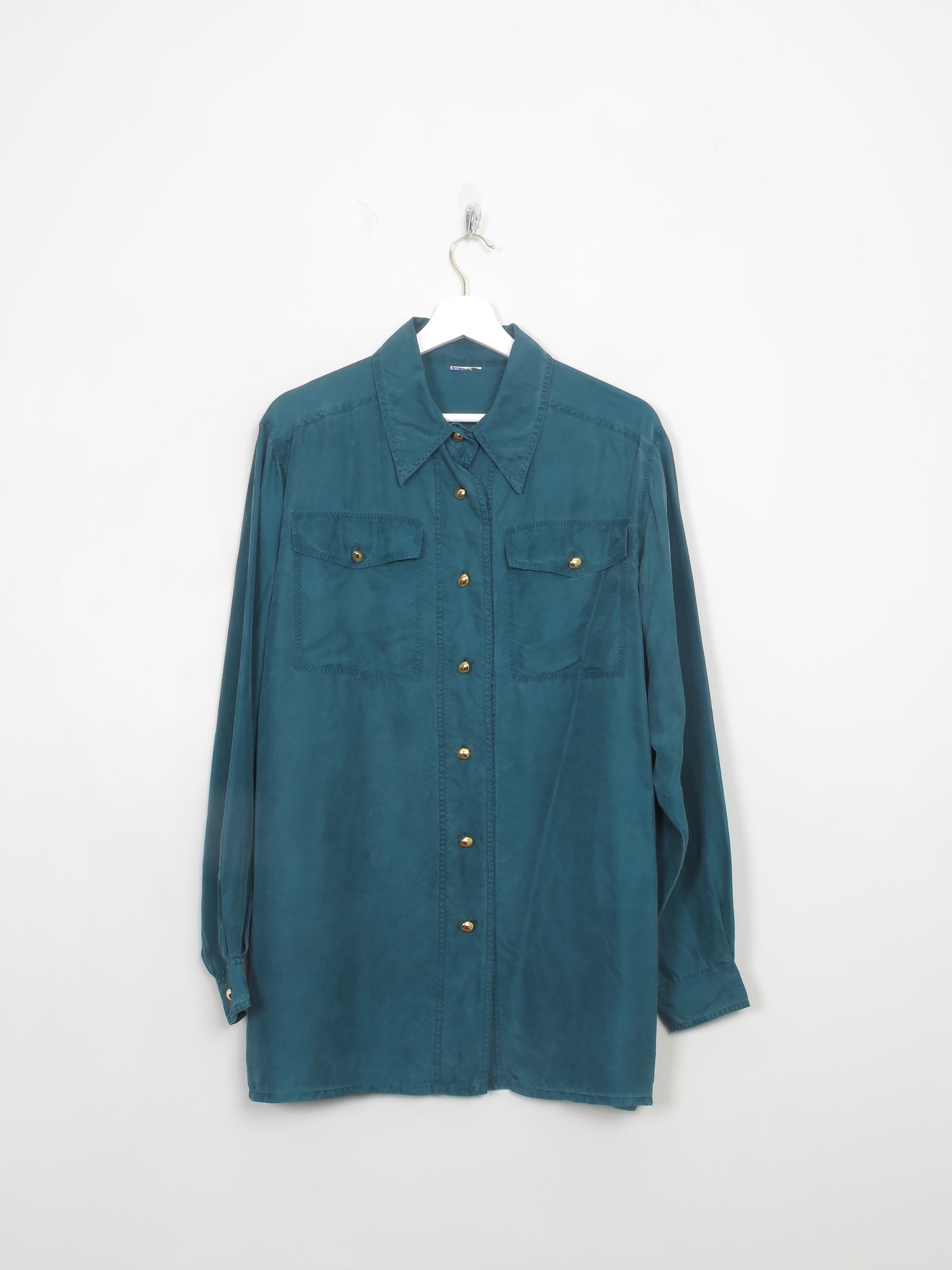 Vintage Green Silk Blouse With Collar M/L