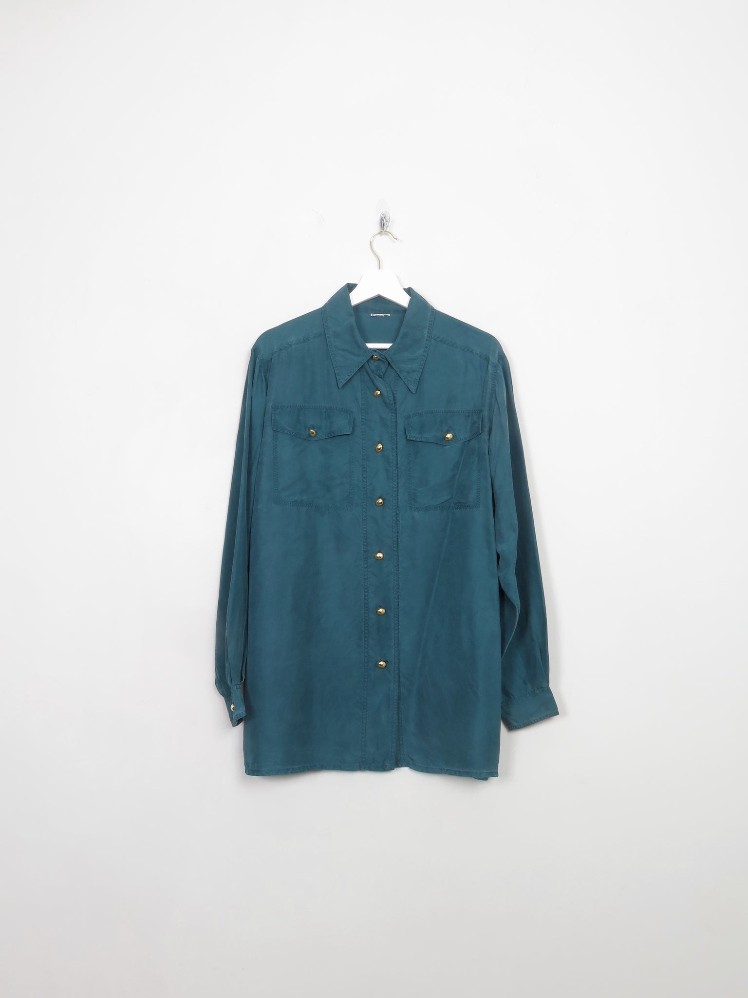 Vintage Green Silk Blouse With Collar M/L