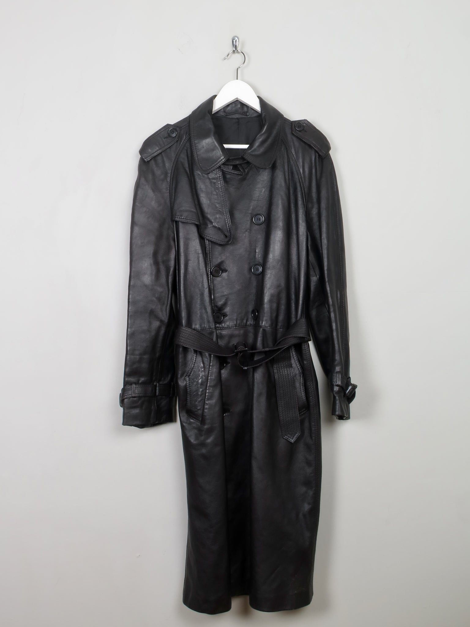 Men's Vintage Black Leather Trench Coat M/L