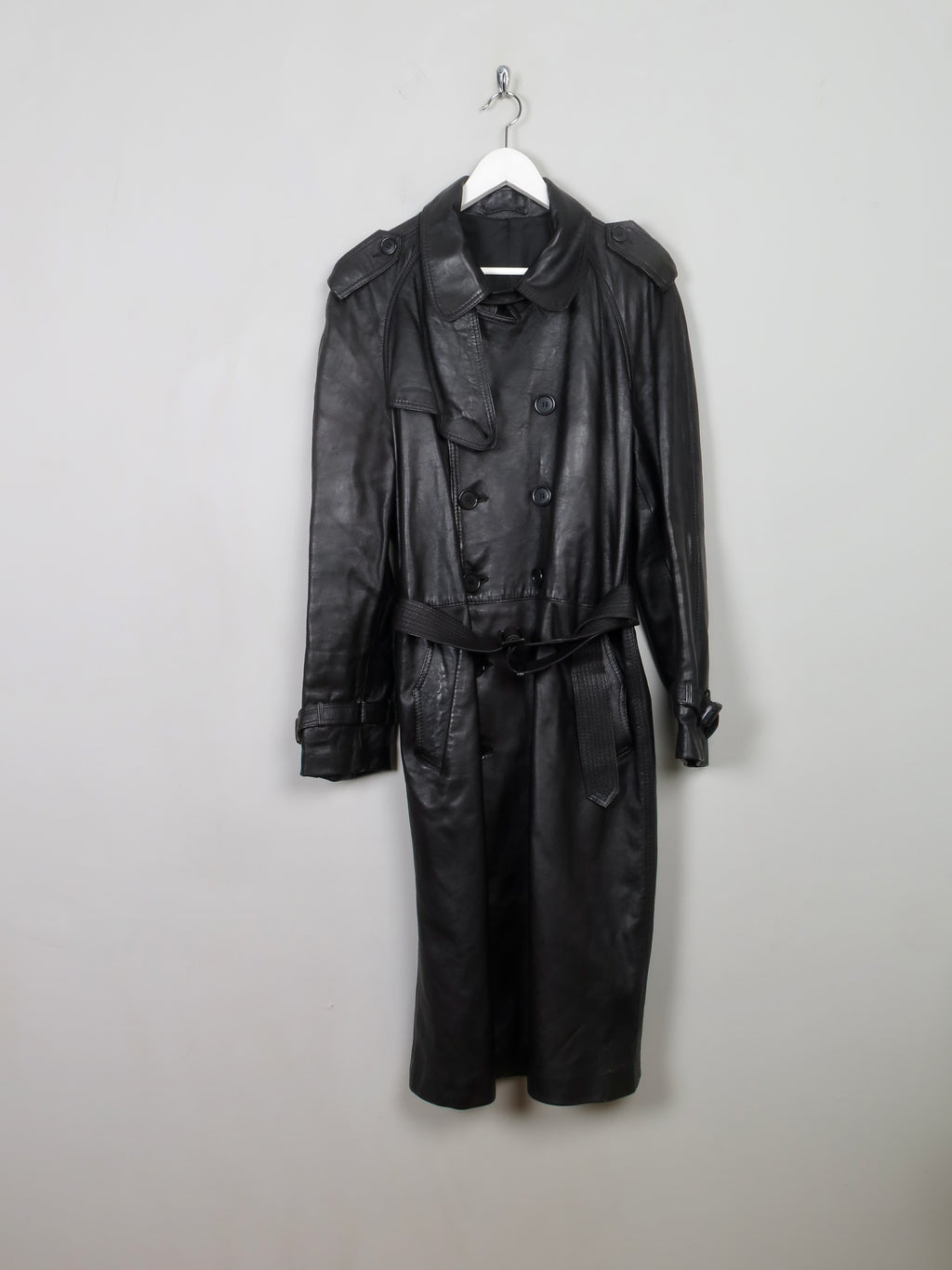 Men's Vintage Black Leather Trench Coat M/L