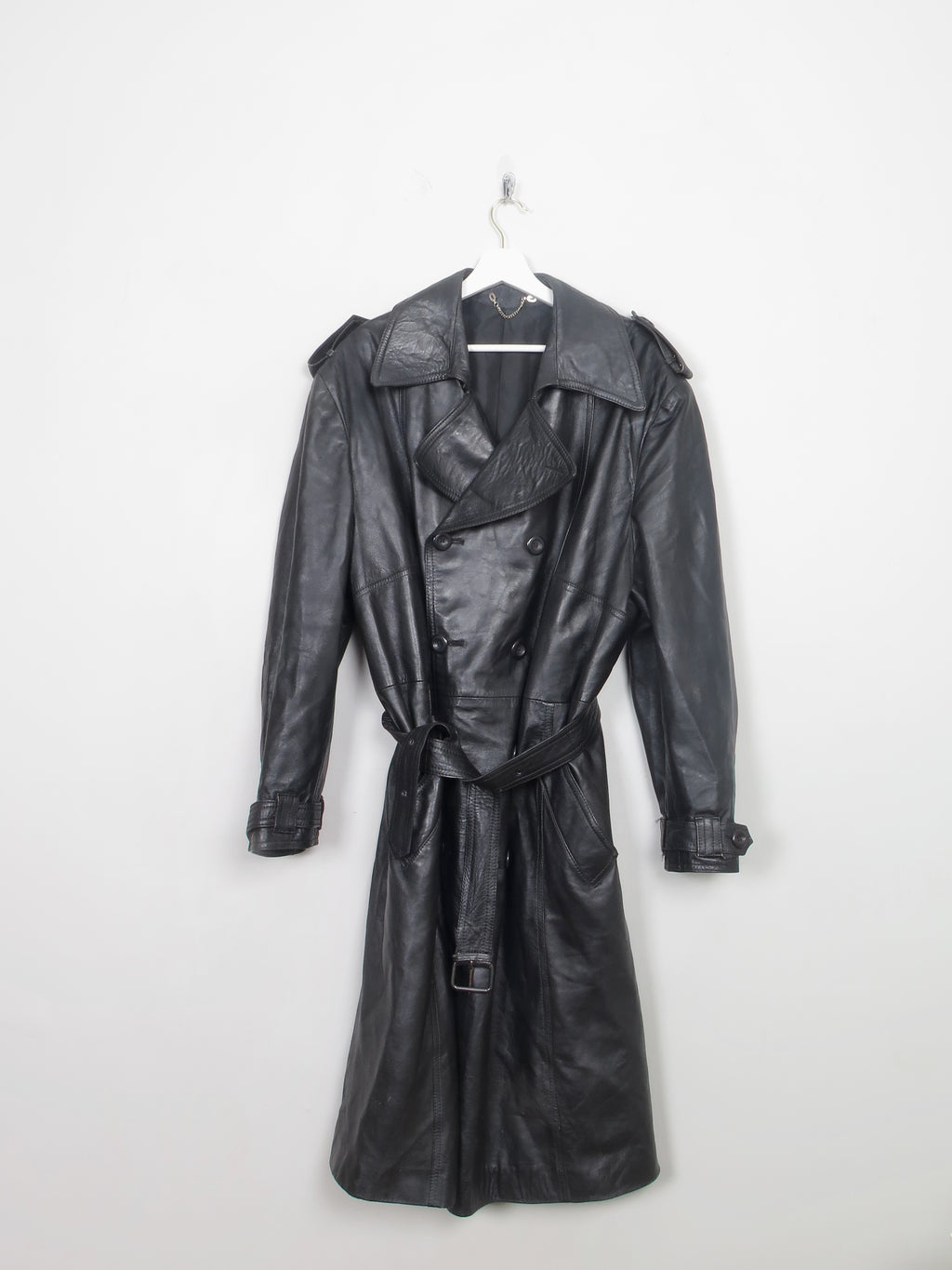 Men's Vintage Black Leather Trench Coat 46" XL