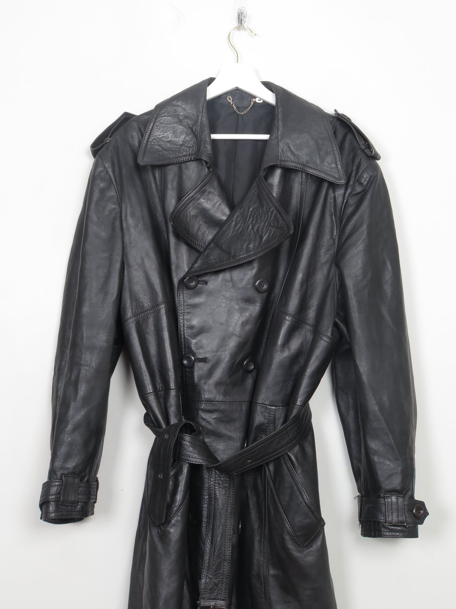 Men's Vintage Black Leather Trench Coat 46" XL