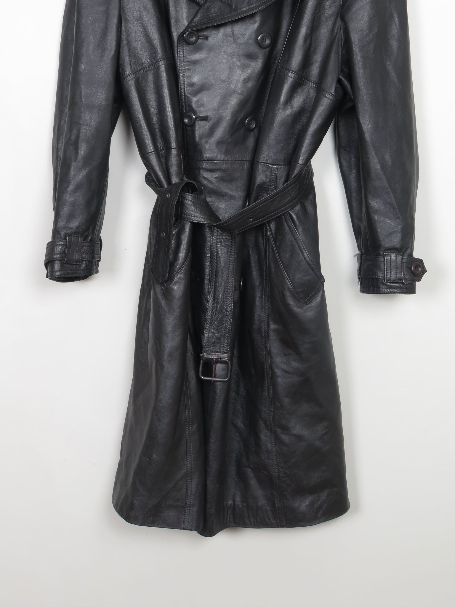Men's Vintage Black Leather Trench Coat 46" XL