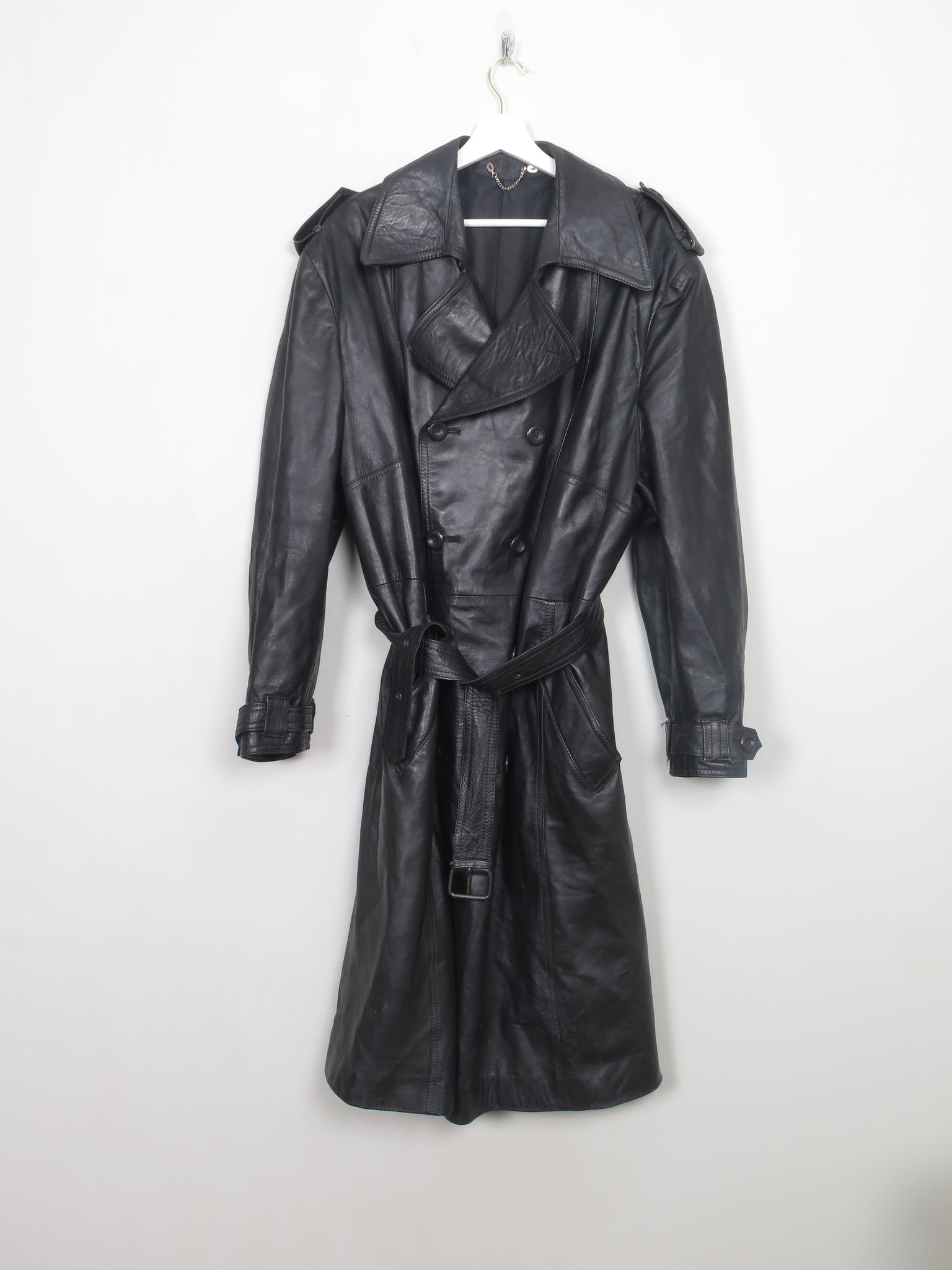 Men's Vintage Black Leather Trench Coat 46" XL