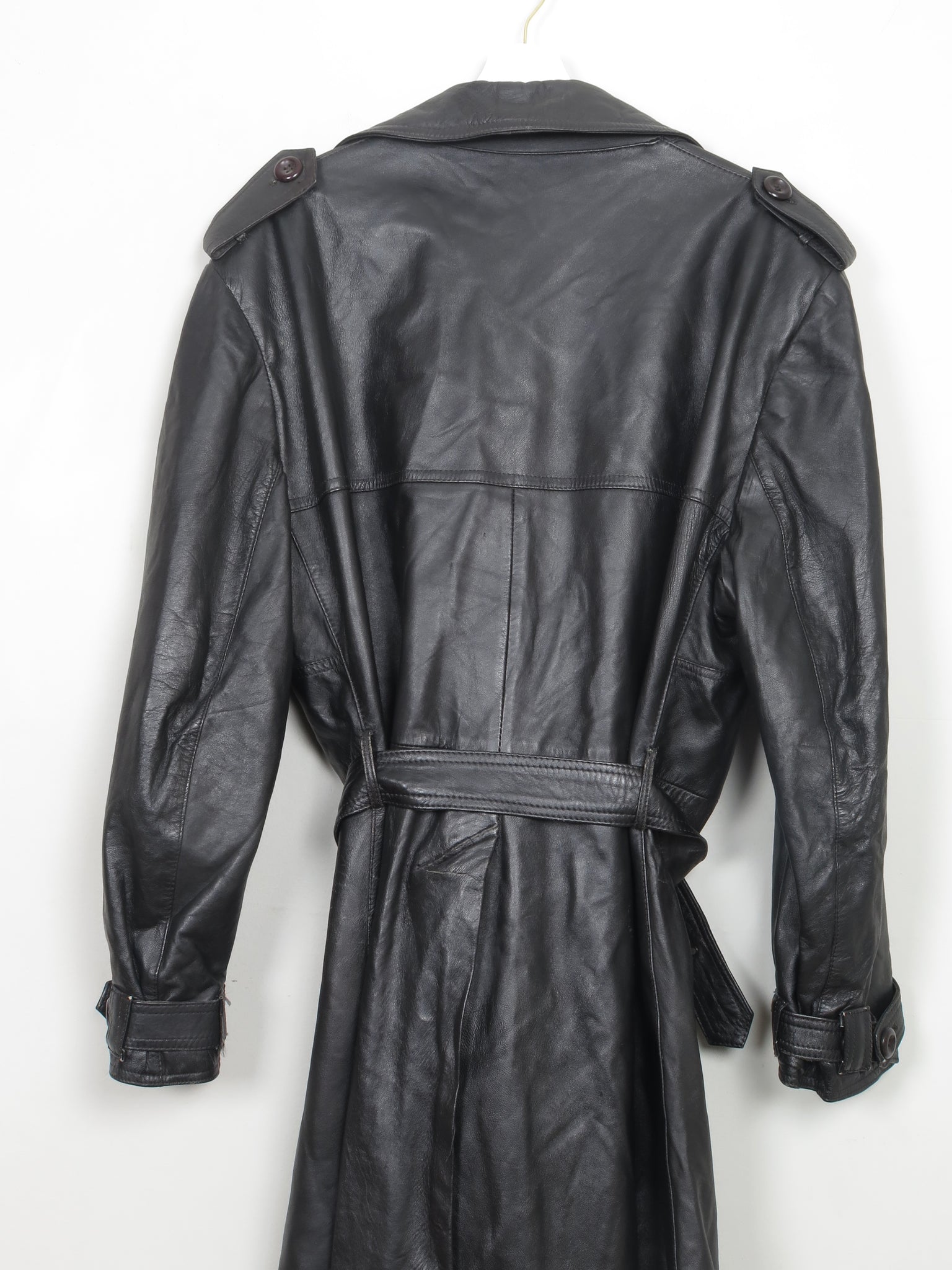 Men's Vintage Black Leather Trench Coat 46" XL