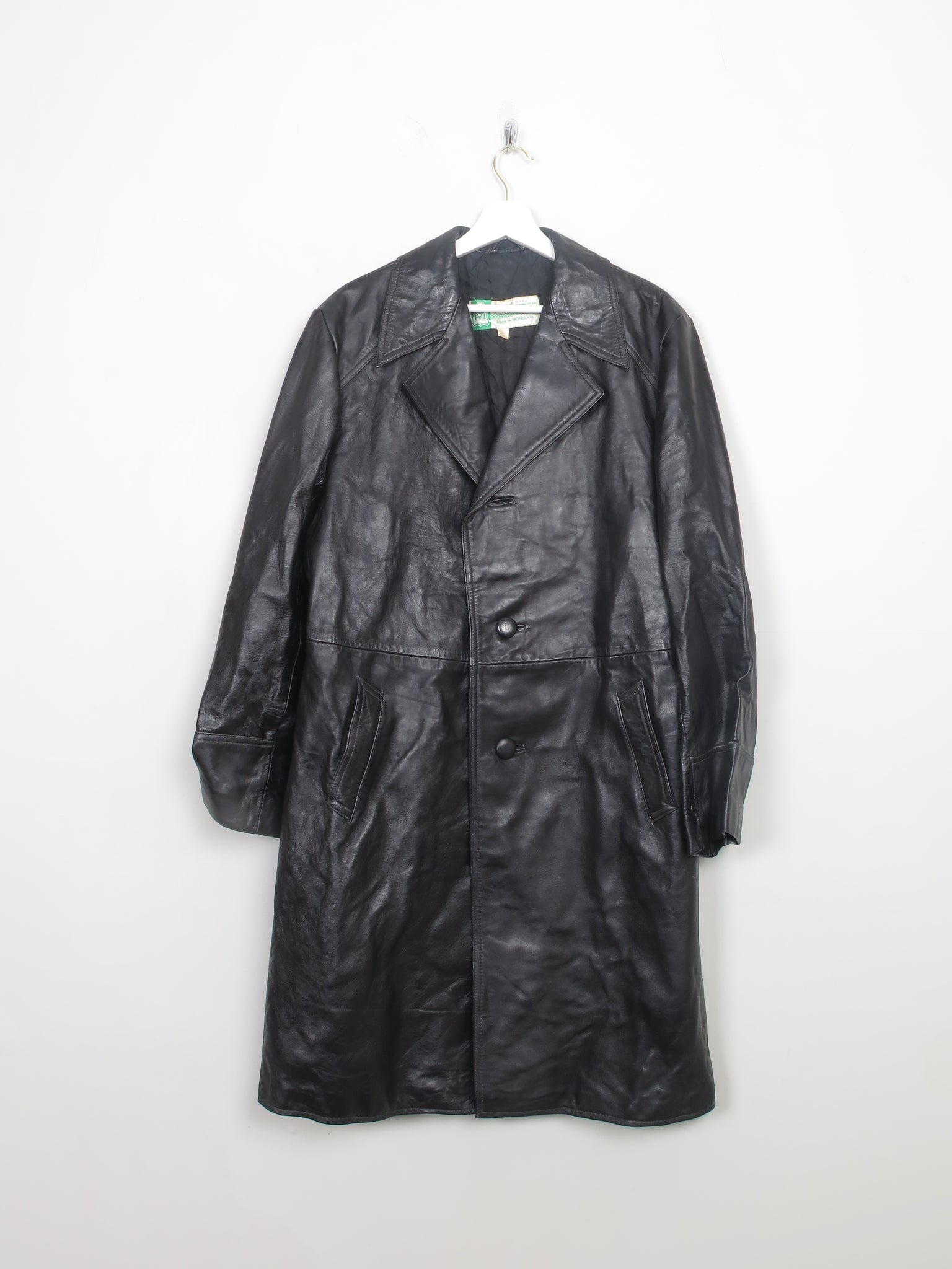 Men's Vintage Black Leather Coat 44" / Long