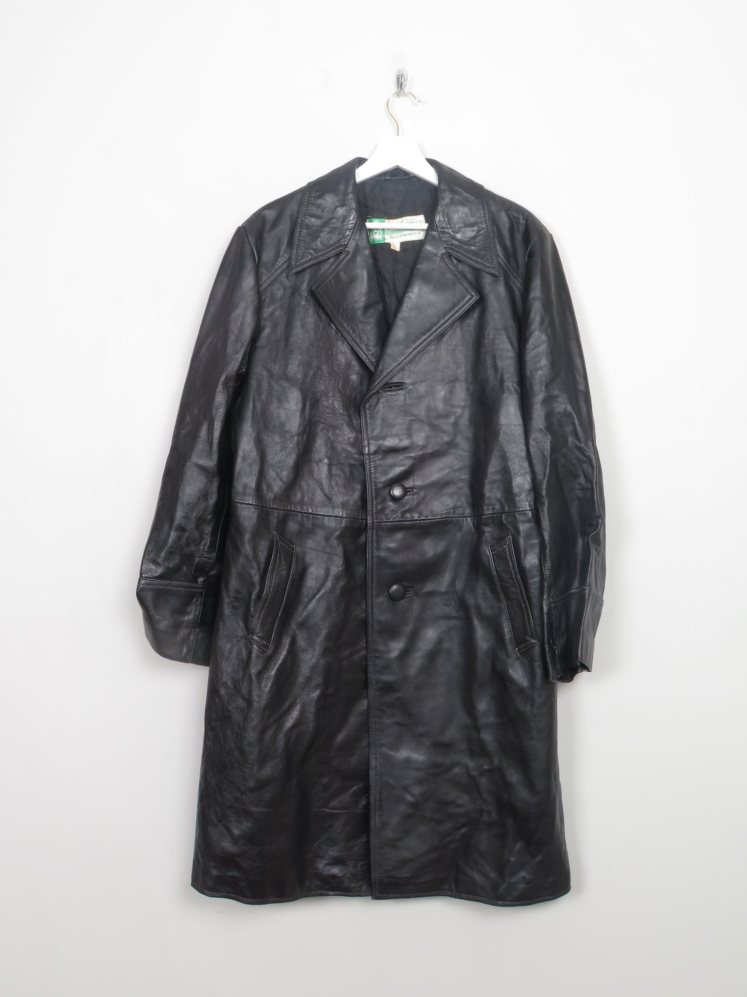 Men's Vintage Black Leather Coat 44" / Long