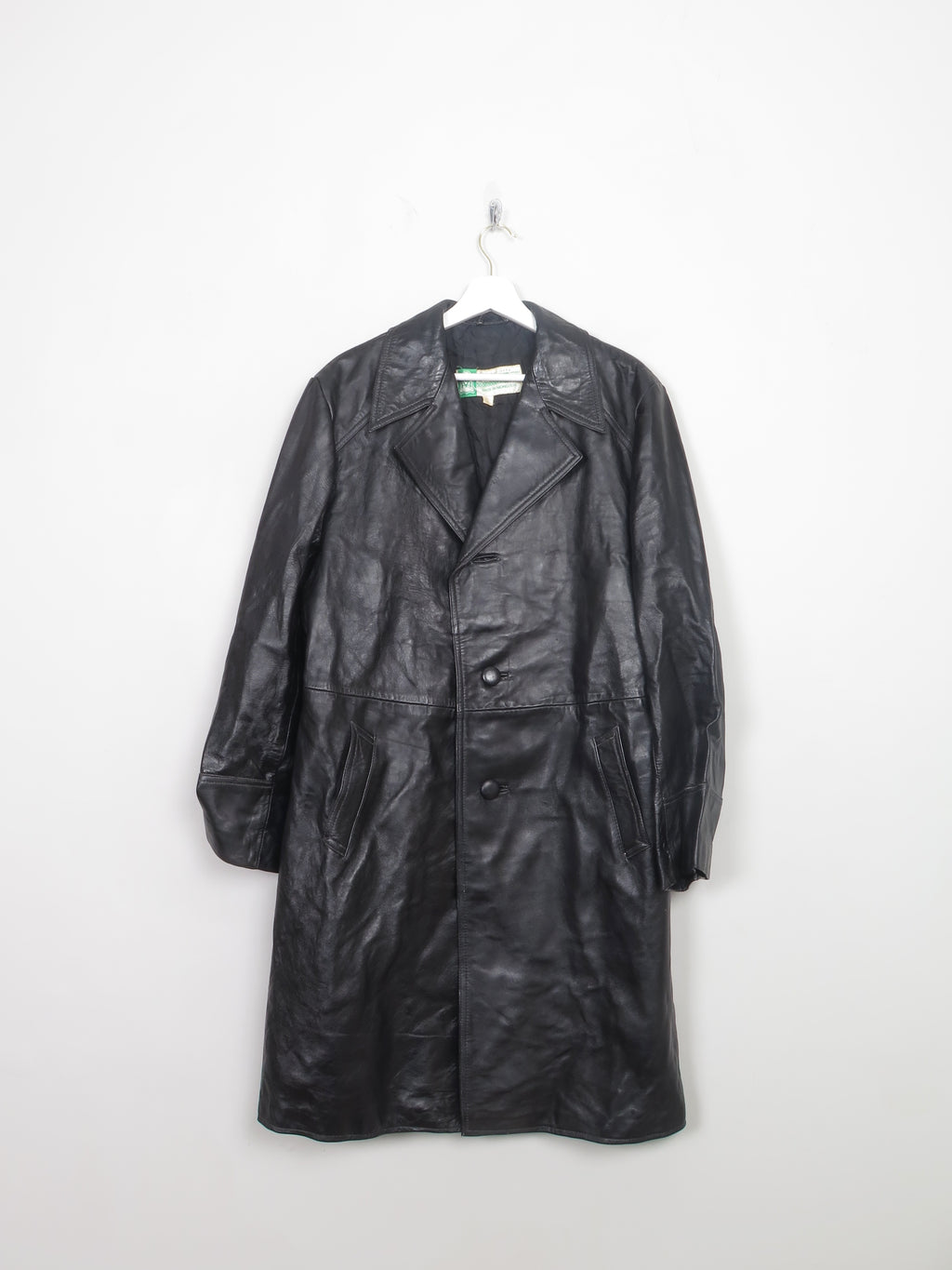Men's Vintage Black Leather Coat 44" / Long