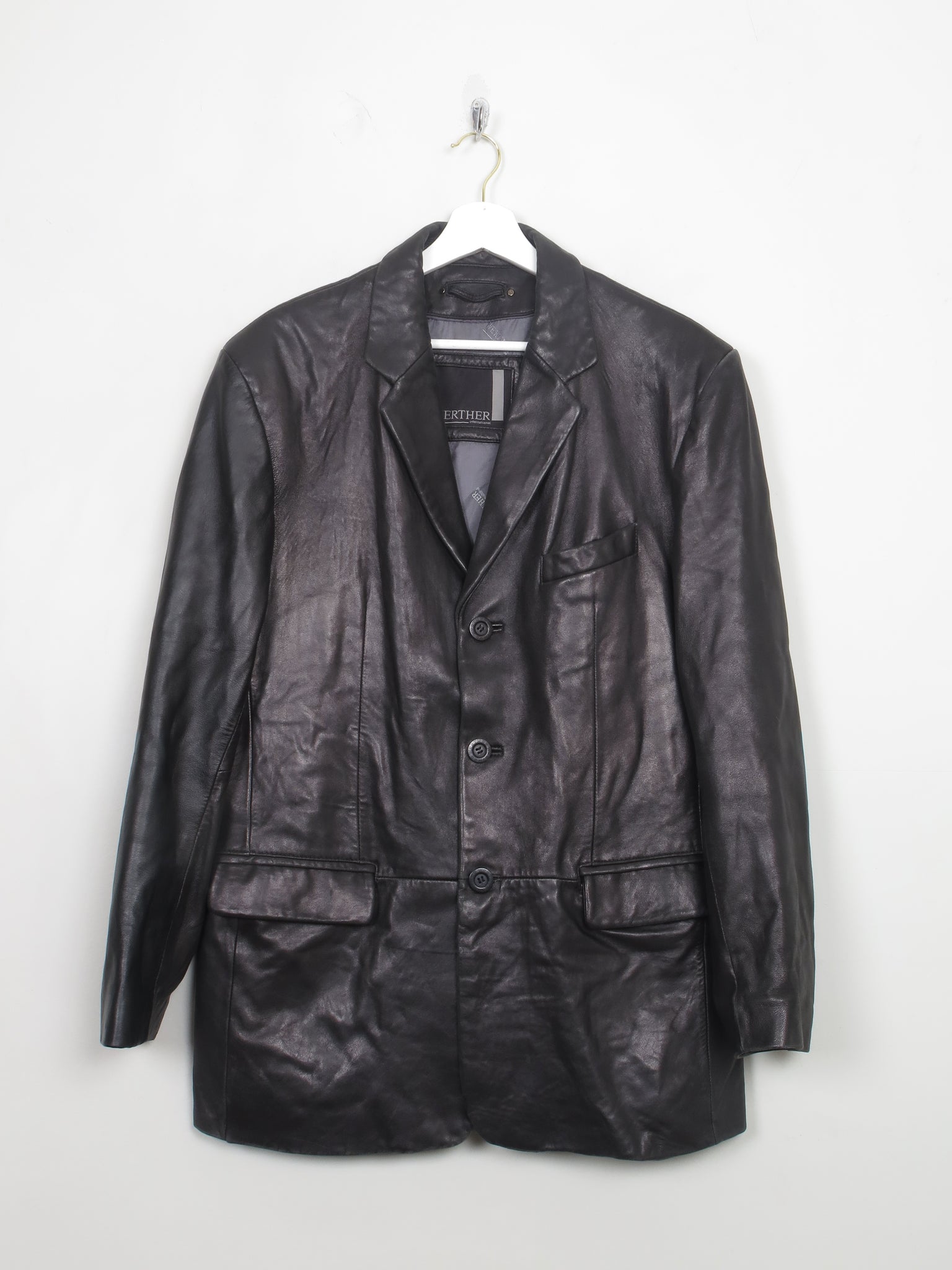 Men's Vintage Black Leather Blazer M Relaxed Fit