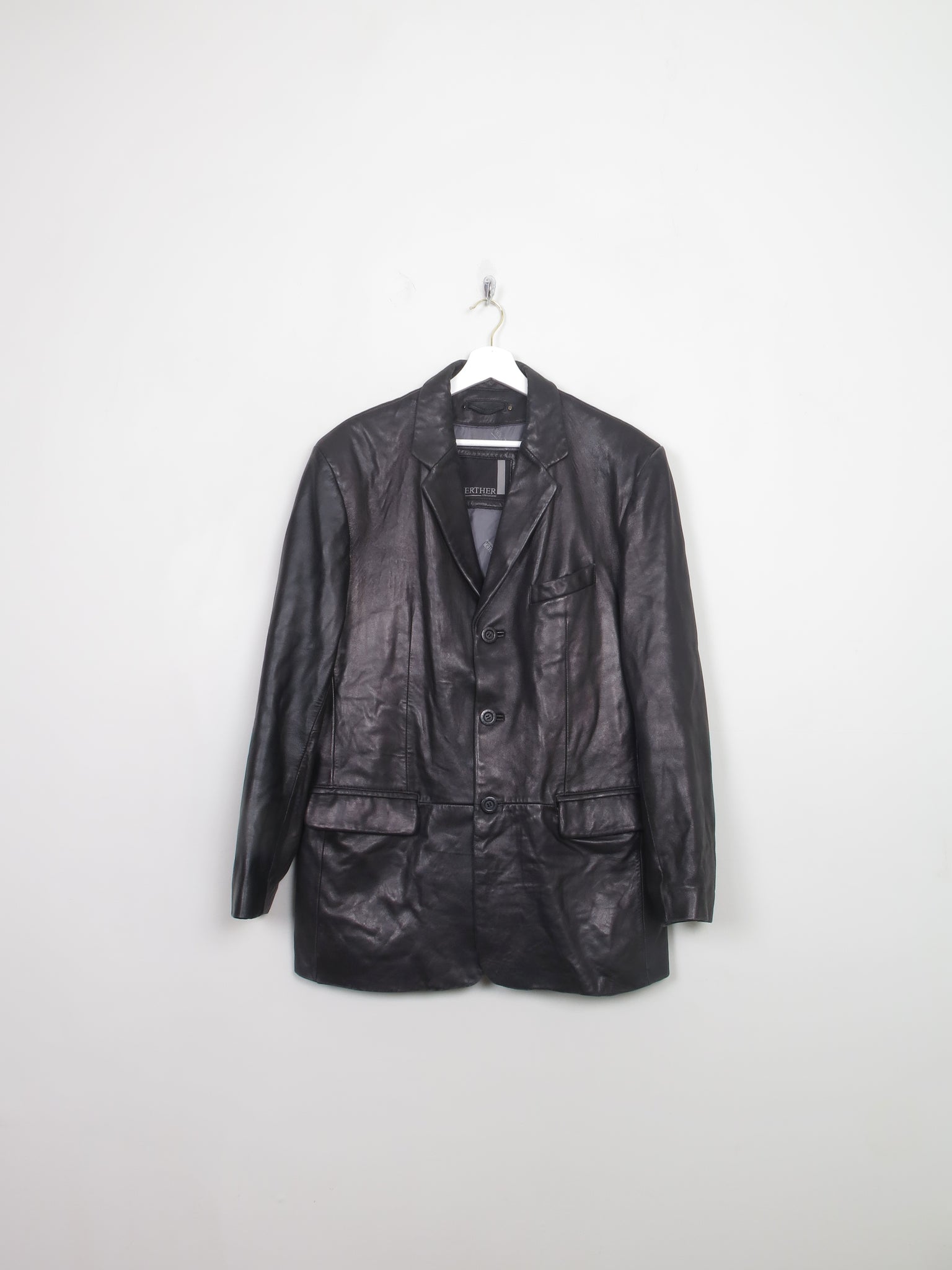 Men's Vintage Black Leather Blazer M Relaxed Fit