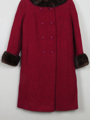 Women's Vintage Red Tweed Coat With Mink Trims S/M