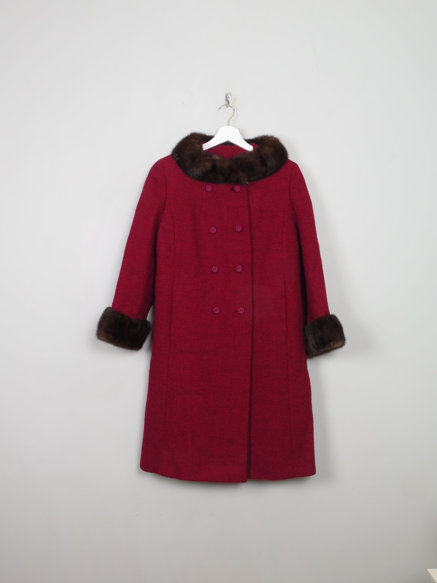 Women's Vintage Red Tweed Coat With Mink Trims S/M