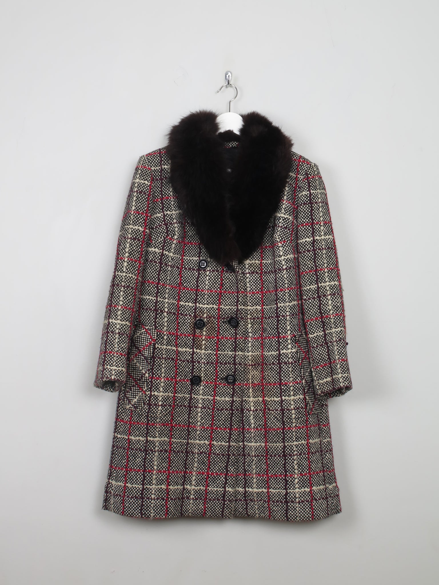 Women's Vintage Tweed Coat With Fur Collar M