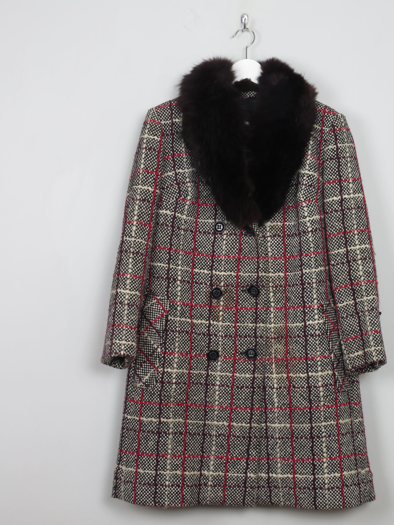 Women's Vintage Tweed Coat With Fur Collar M